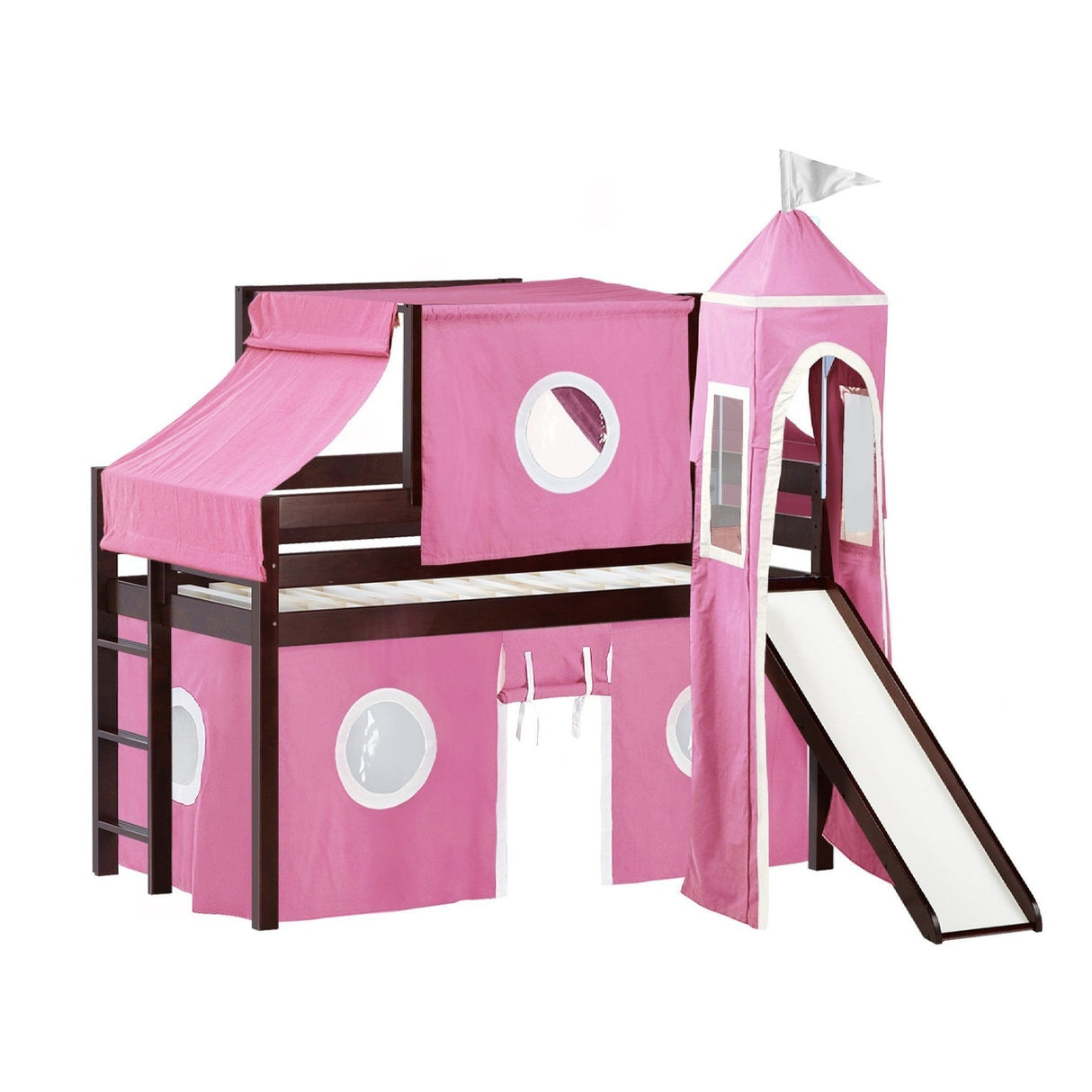 JACKPOT Prince & Princess Low Loft Twin Bed, Ladder Slide Tent & Tower