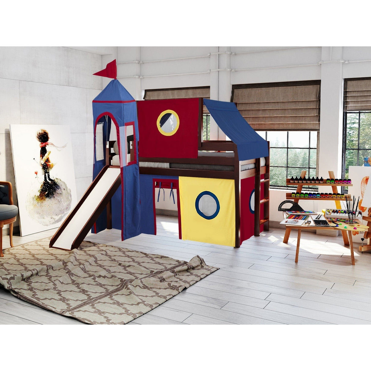JACKPOT Prince & Princess Low Loft Twin Bed, Ladder Slide Tent & Tower