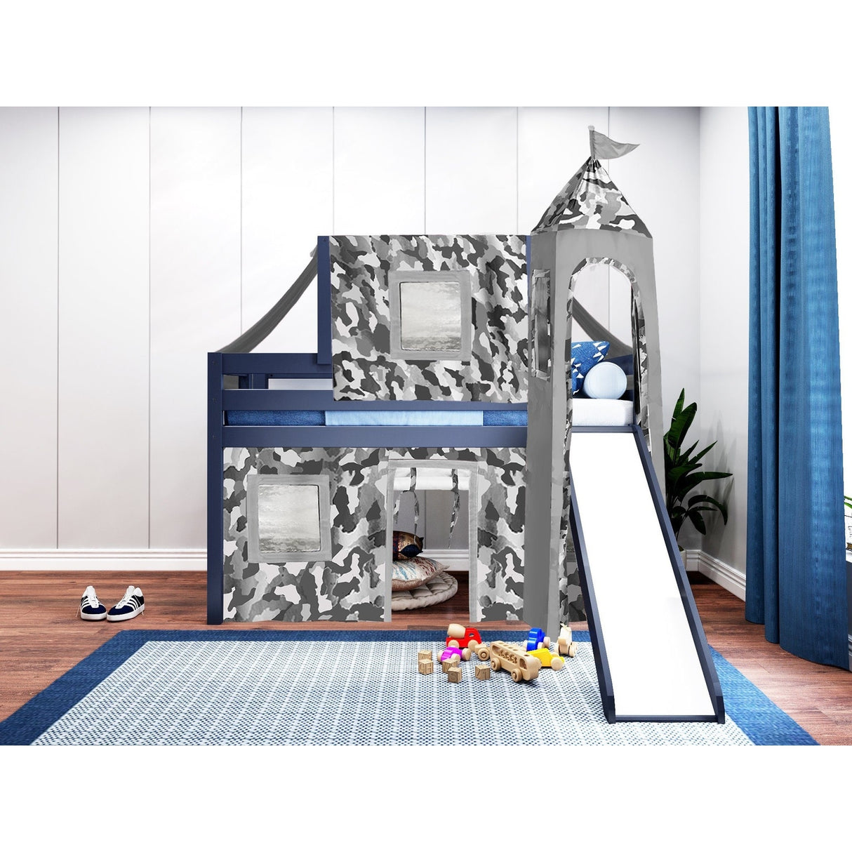 JACKPOT Prince & Princess Low Loft Twin Bed, Ladder Slide Tent & Tower
