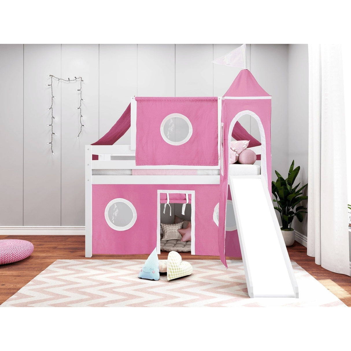 JACKPOT Prince & Princess Low Loft Twin Bed, Ladder Slide Tent & Tower