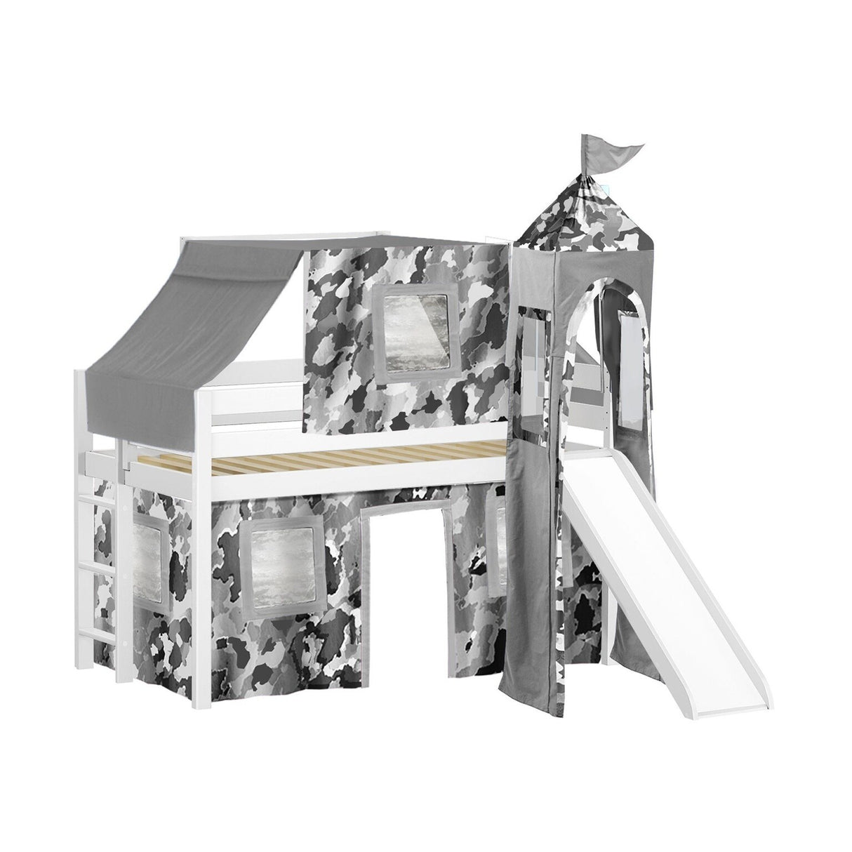 JACKPOT Prince & Princess Low Loft Twin Bed, Ladder Slide Tent & Tower