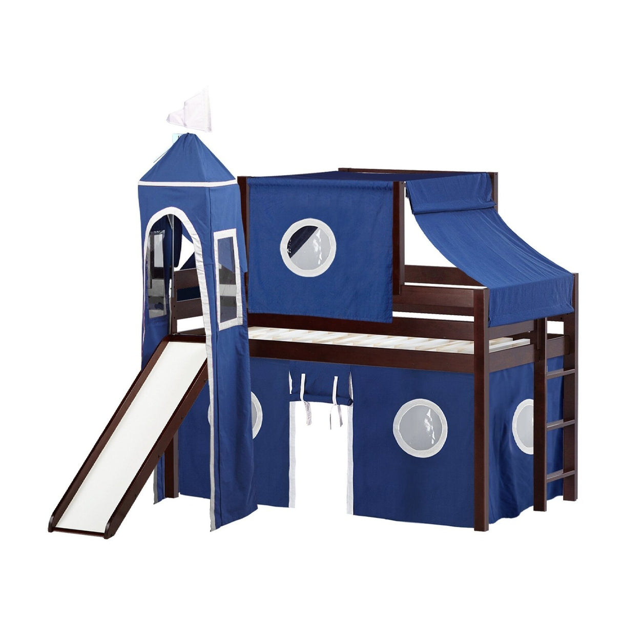 JACKPOT Prince & Princess Low Loft Twin Bed, Ladder Slide Tent & Tower