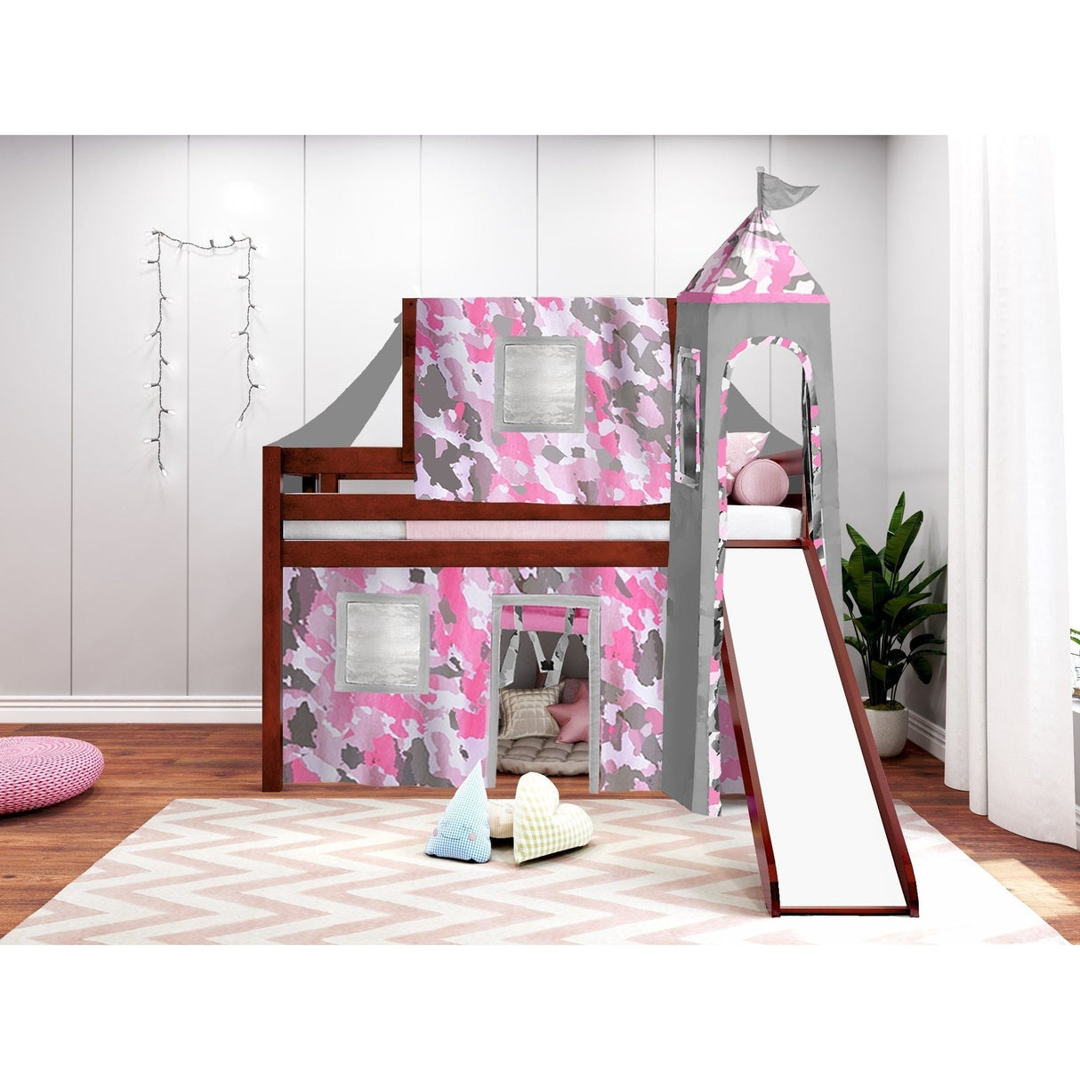 JACKPOT Prince & Princess Low Loft Twin Bed, Ladder Slide Tent & Tower