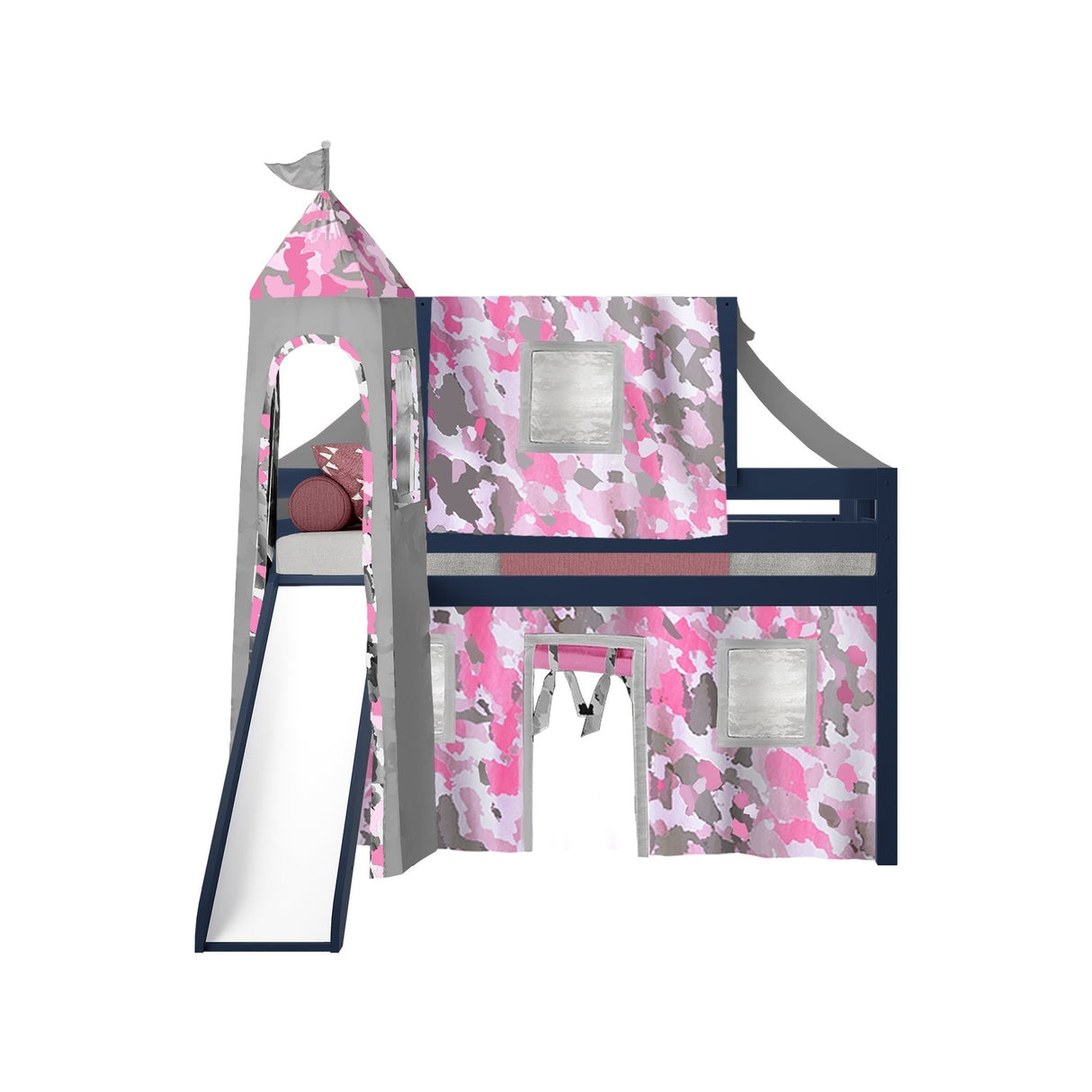 JACKPOT Prince & Princess Low Loft Twin Bed, Ladder Slide Tent & Tower