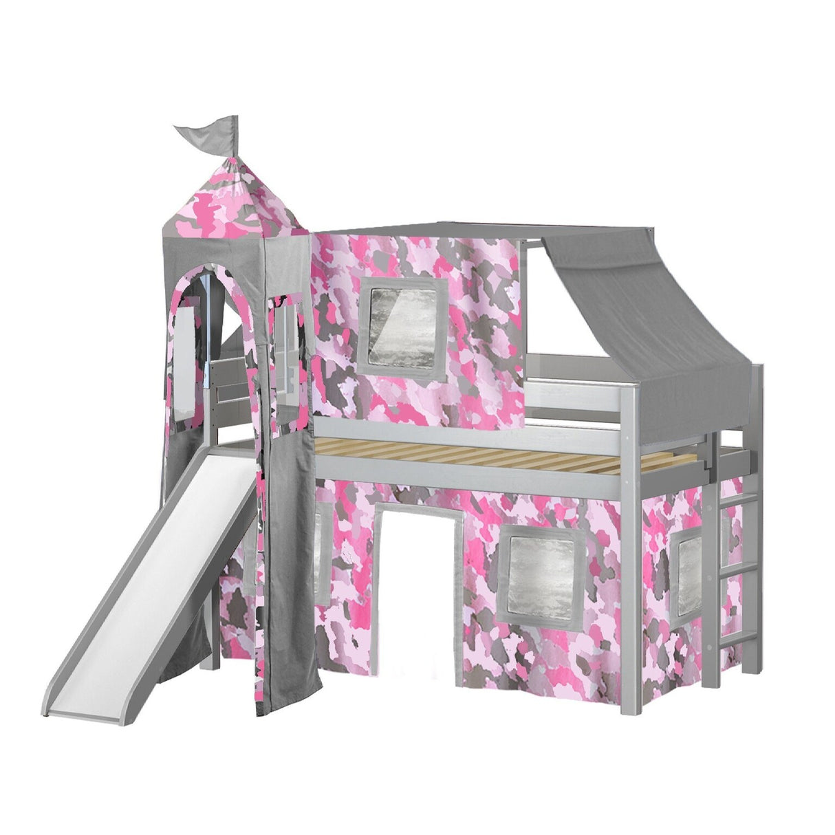 JACKPOT Prince & Princess Low Loft Twin Bed, Ladder Slide Tent & Tower