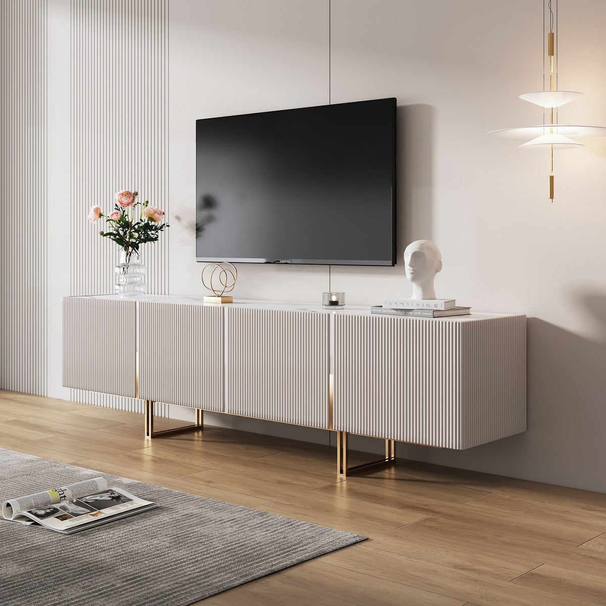 JASIWAY Beige Stone Top TV Stand with 4 Doors 6 Shelves