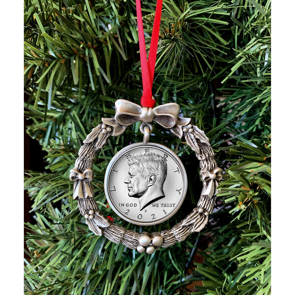 JFK 2021 Half Dollar Wreath Ornament - 2.75" x 2.75" x .0625"