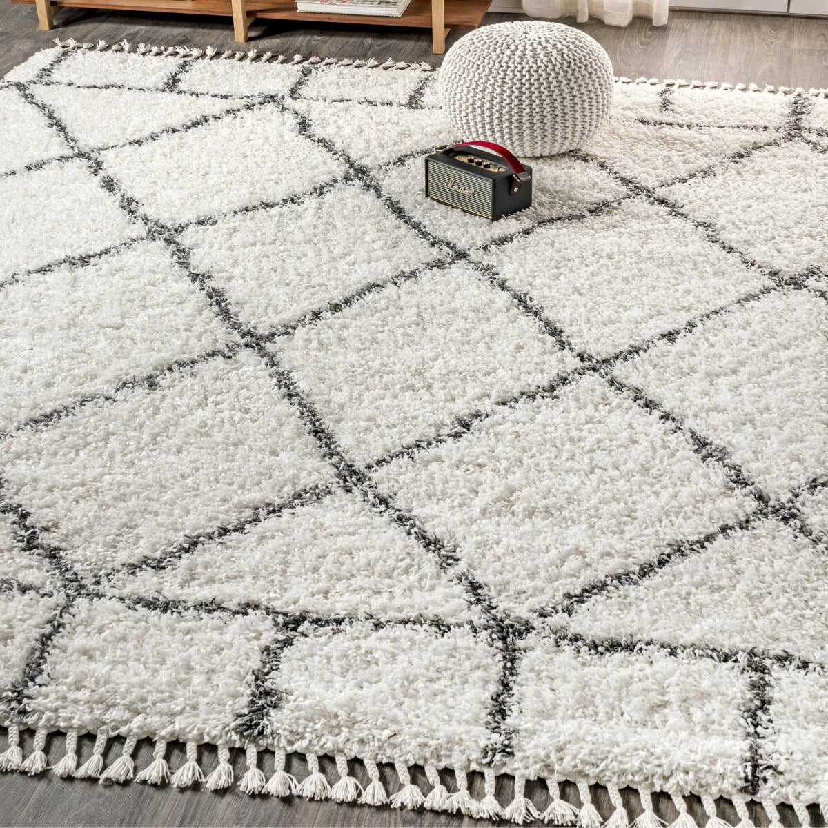 JONATHAN Y Modern Shag Plush Tassel Moroccan Geometric Trellis Area Rug