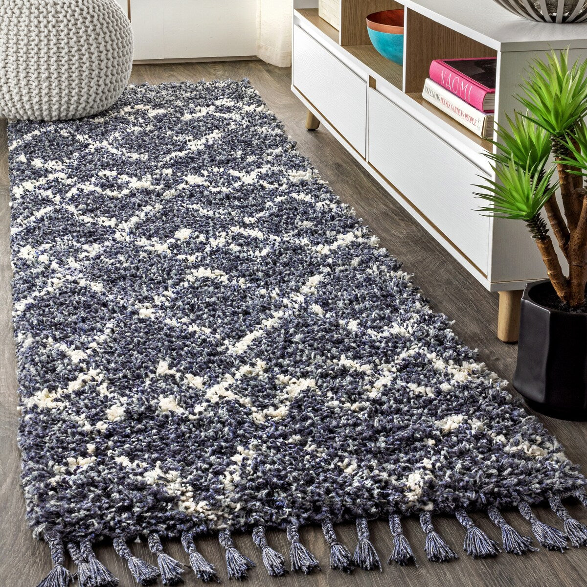 JONATHAN Y Modern Shag Plush Tassel Moroccan Tribal Geometric Trellis Area Rug