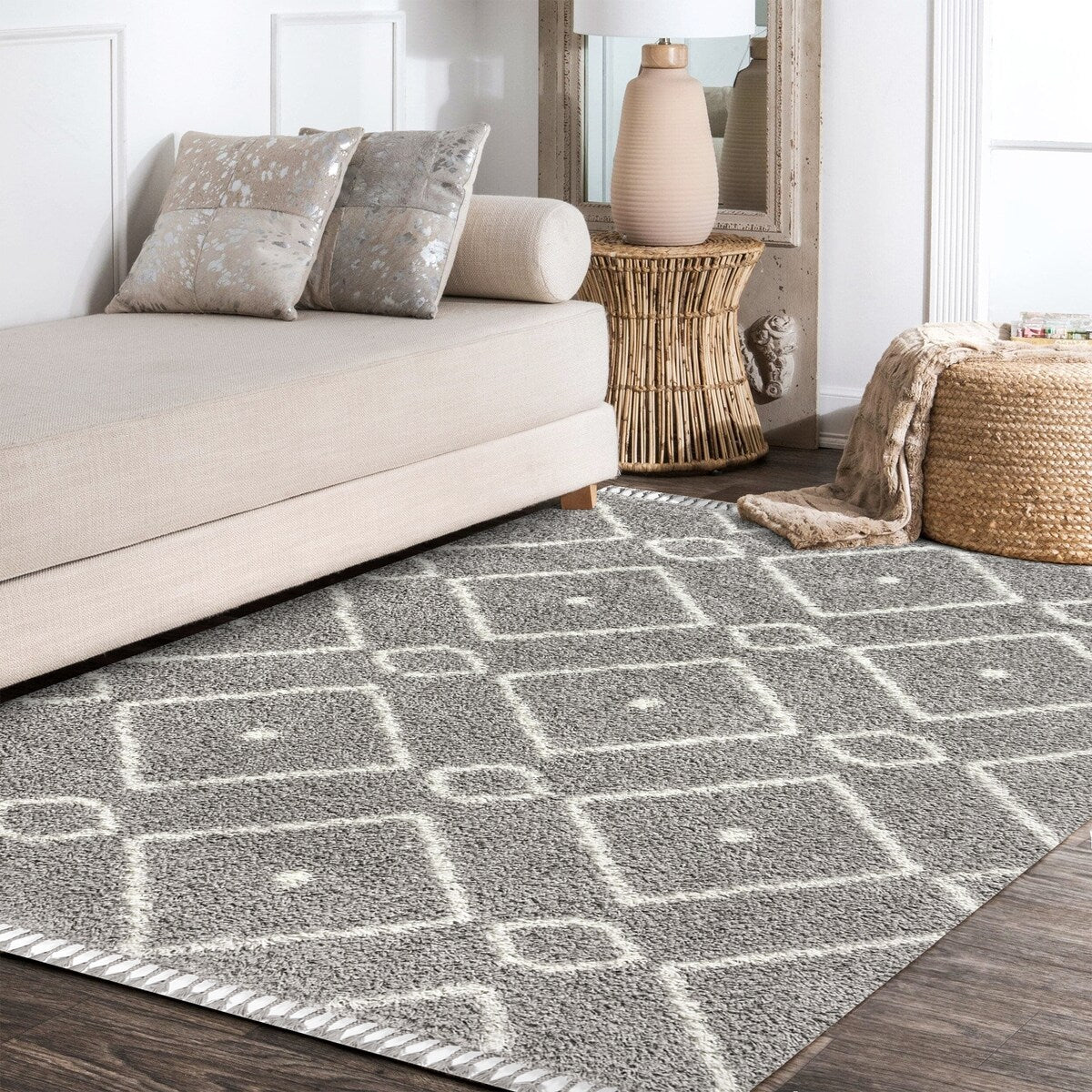 JONATHAN Y Modern Shag Plush Tassel Moroccan Diamond Area Rug