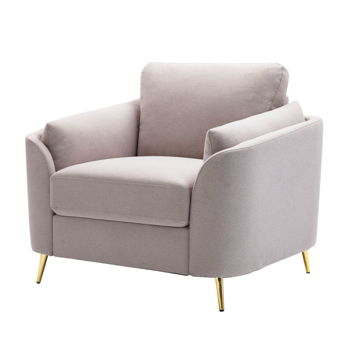 Jace 35 Inch Accent Chair, Beige Polyester, Metal Gold Legs, Pillow Back