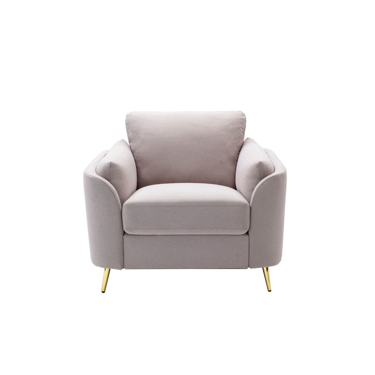 Jace 35 Inch Accent Chair, Beige Polyester, Metal Gold Legs, Pillow Back