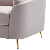 Jace 35 Inch Accent Chair, Beige Polyester, Metal Gold Legs, Pillow Back