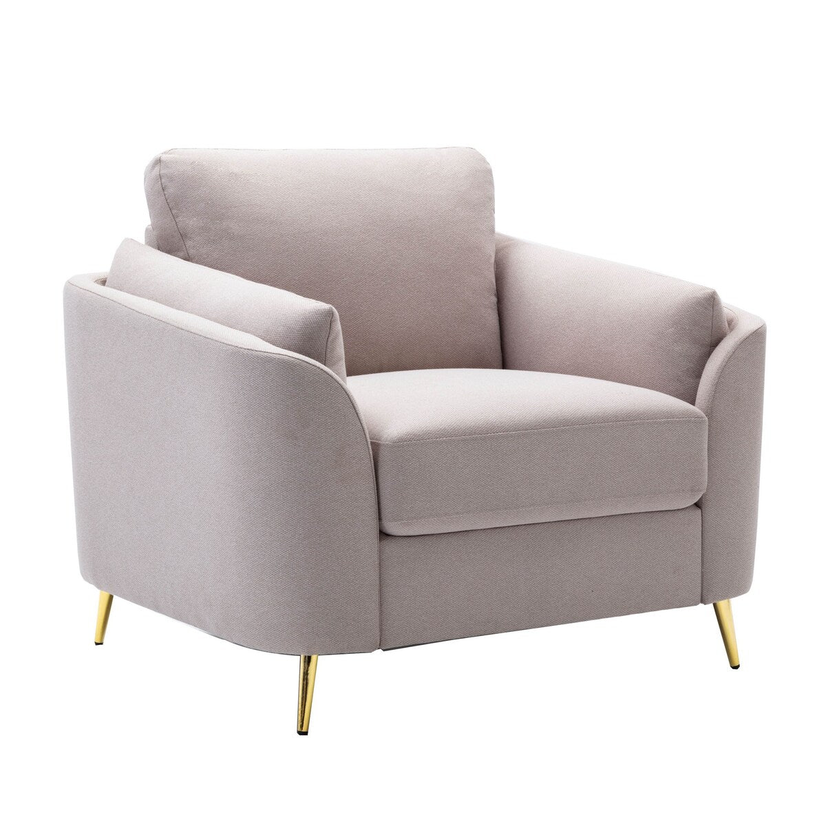 Jace 35 Inch Accent Chair, Beige Polyester, Metal Gold Legs, Pillow Back