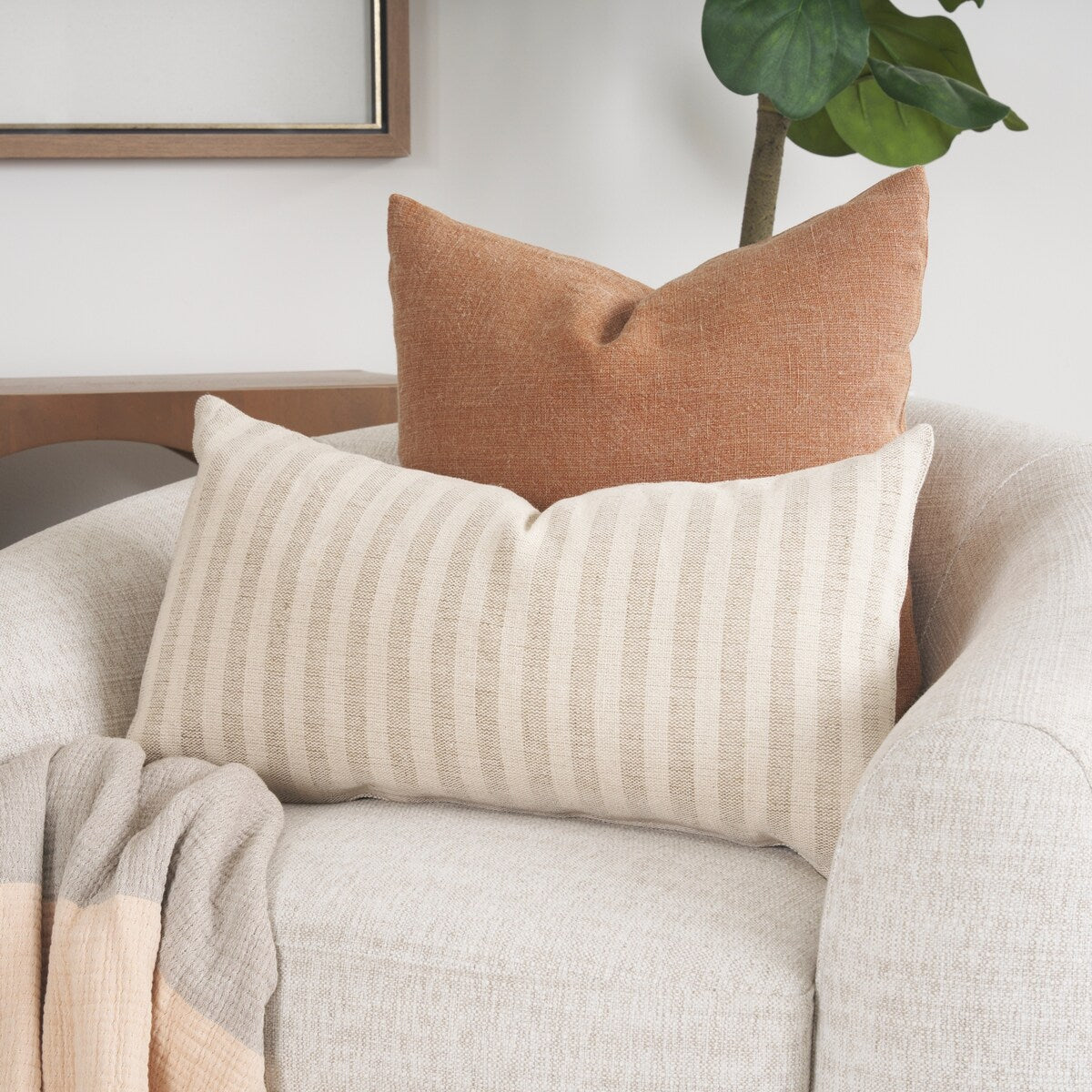 Jace Cream w/ Beige Stripe Lumbar Decorative Pillow Cover