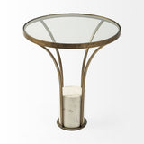 Jacinta II Glass Top with Gold Metal and White Marble Pedestal Round Side Table