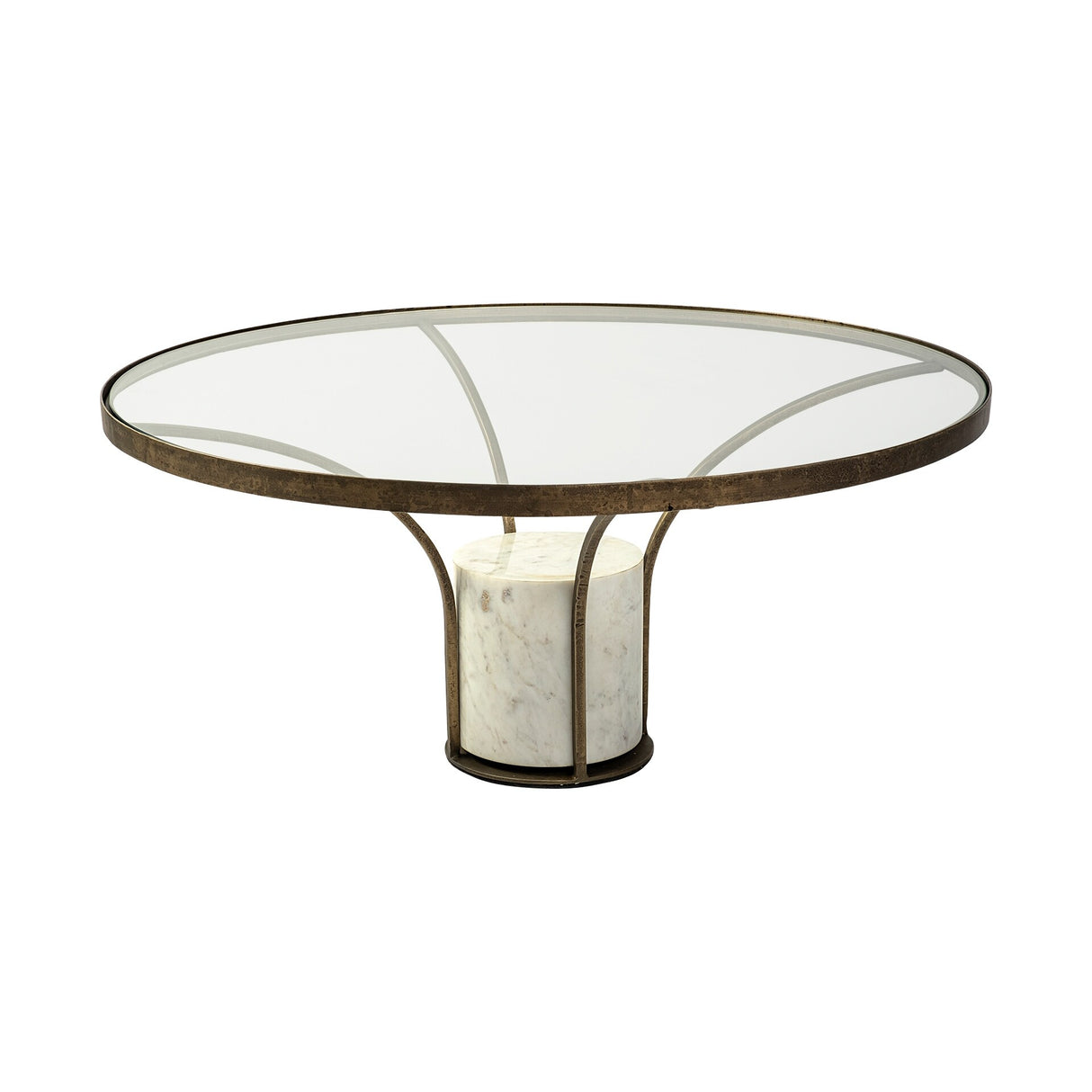 Jacinta II Glass Top with Gold Metal and White Marble Pedestal Round Side Table