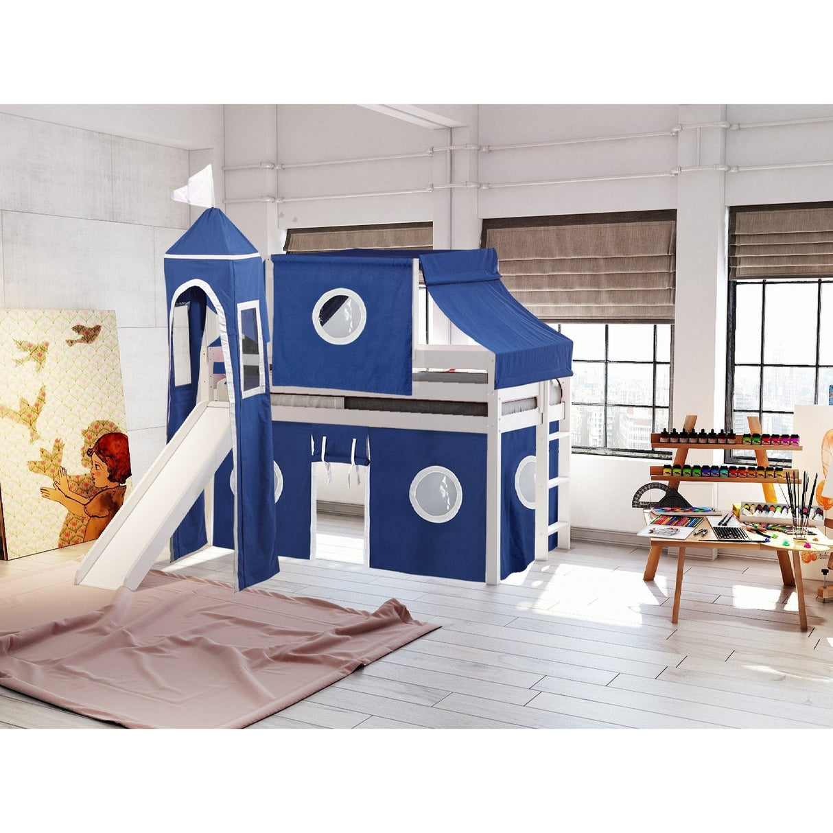JACKPOT Prince & Princess Low Loft Twin Bed, Ladder Slide Tent & Tower