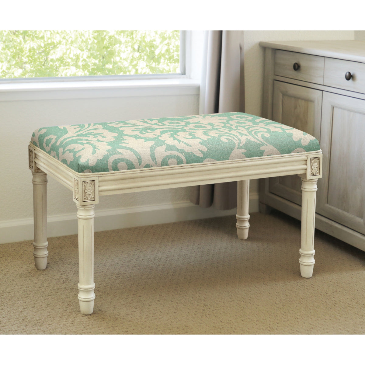 Jacobean Floral and Antique White Finish Bench
