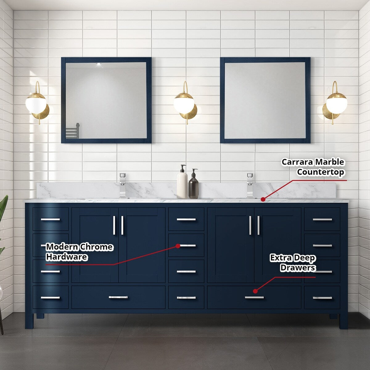 Jacques 84 in. W x 22 in. D Navy Blue Double Bath Vanity and Carrara Marble Top