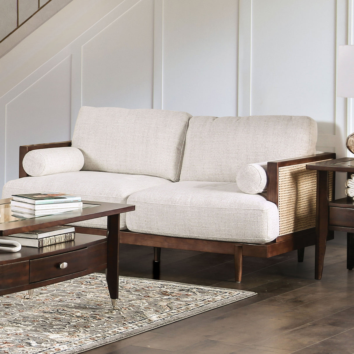 Jacques Mid Century Modern Rattan Loveseat with Pillow Back by Furniture of America