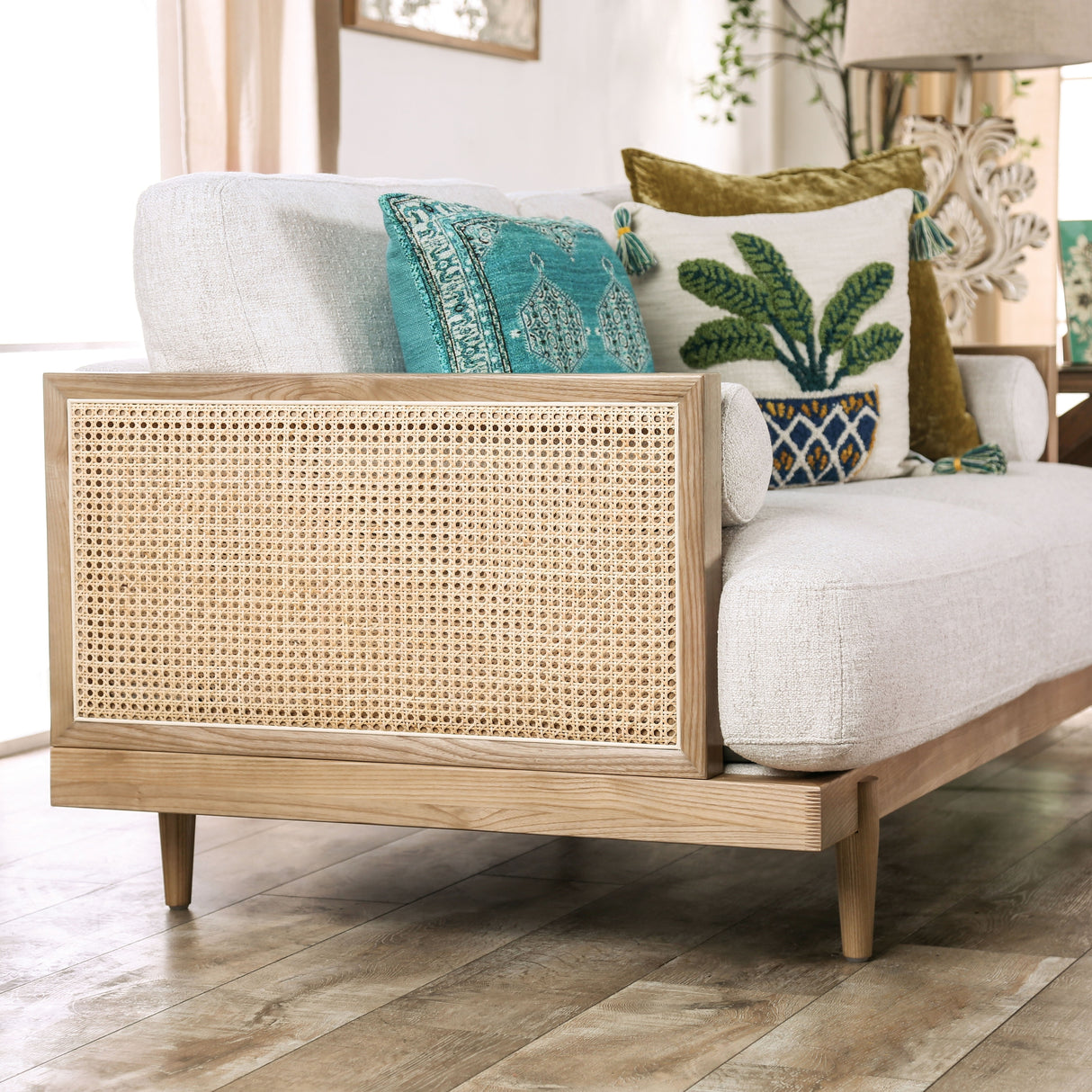 Jacques Mid Century Modern Rattan Loveseat with Pillow Back by Furniture of America