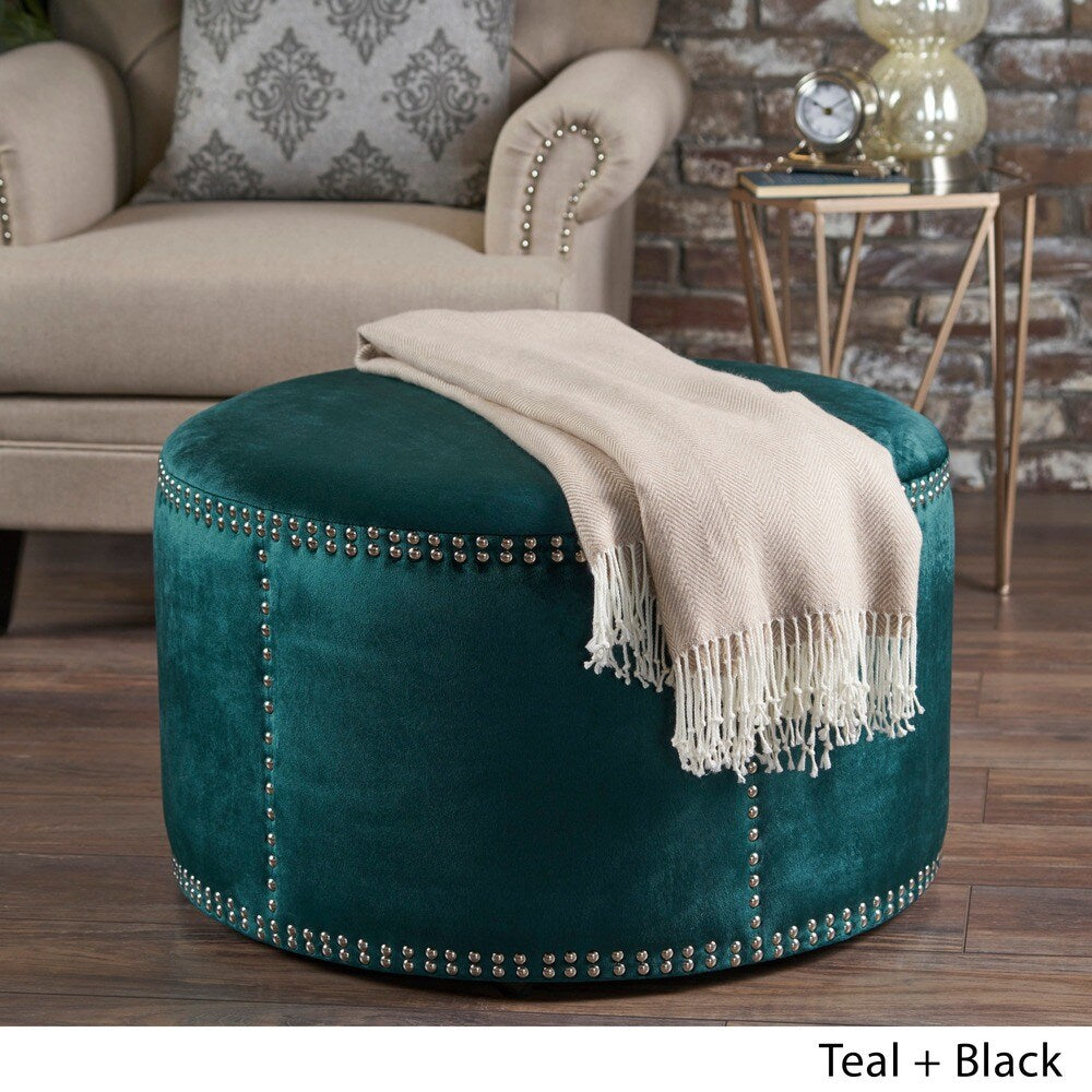 Jaewon Studded Velvet Round Ottoman Stool by Christopher Knight Home