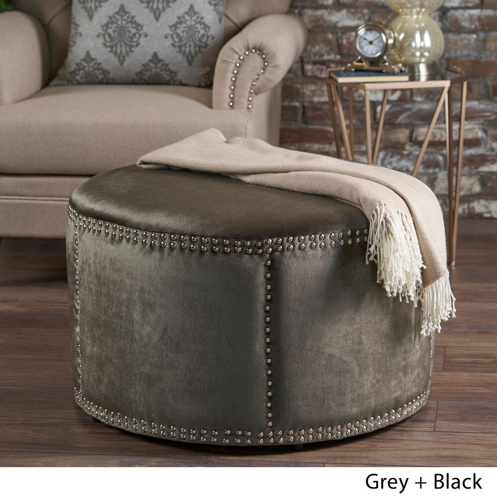 Jaewon Studded Velvet Round Ottoman Stool by Christopher Knight Home