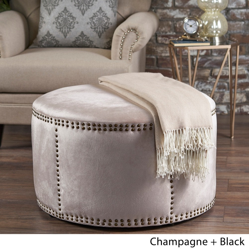Jaewon Studded Velvet Round Ottoman Stool by Christopher Knight Home