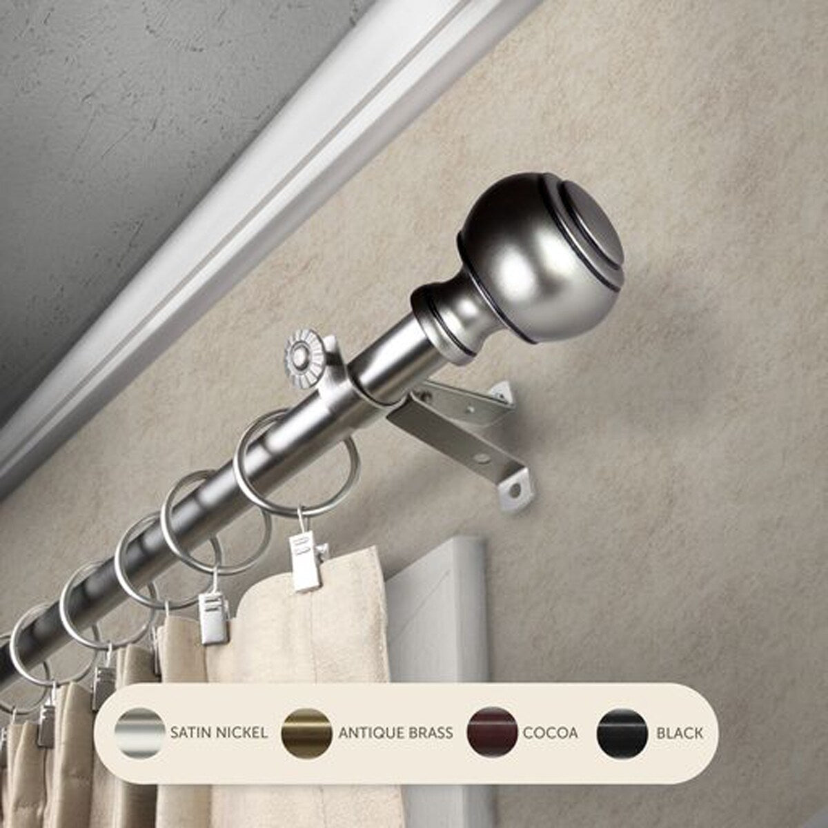 Jalen 3/4 inch Curtain Rod 120-170" - Satin Nickel