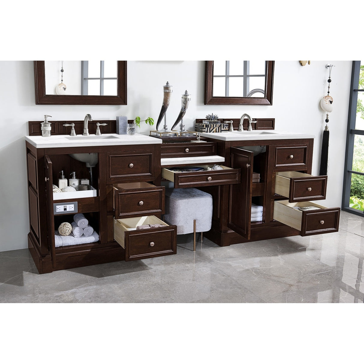 James Martin Vanities De Soto 94" Double Vanity Set with Makeup Table, Burnished Mahogany