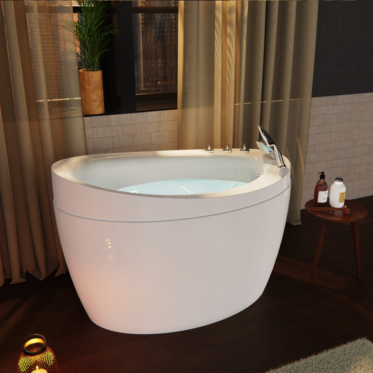 Japanese style 59 in. Acrylic Deep Soaking Freestanding Bathtub with Faucets and Integral Seat