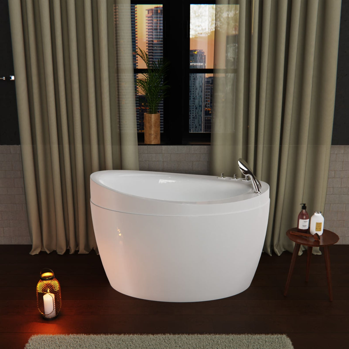 Japanese style 59 in. Acrylic Deep Soaking Freestanding Bathtub with Faucets and Integral Seat