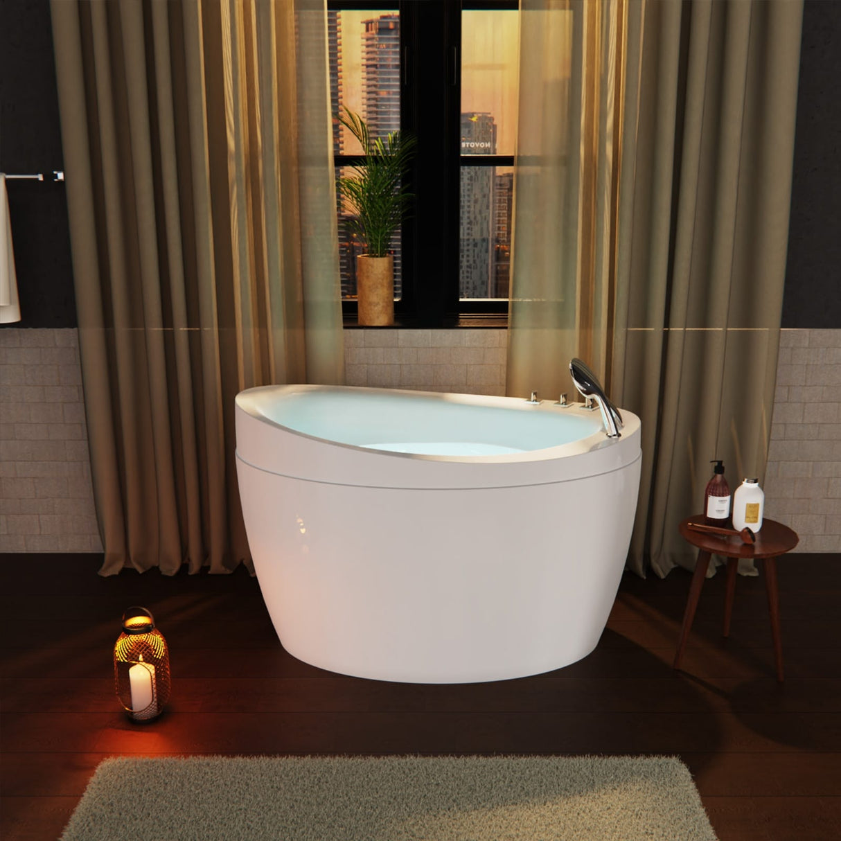 Japanese style 59 in. Acrylic Deep Soaking Freestanding Bathtub with Faucets and Integral Seat