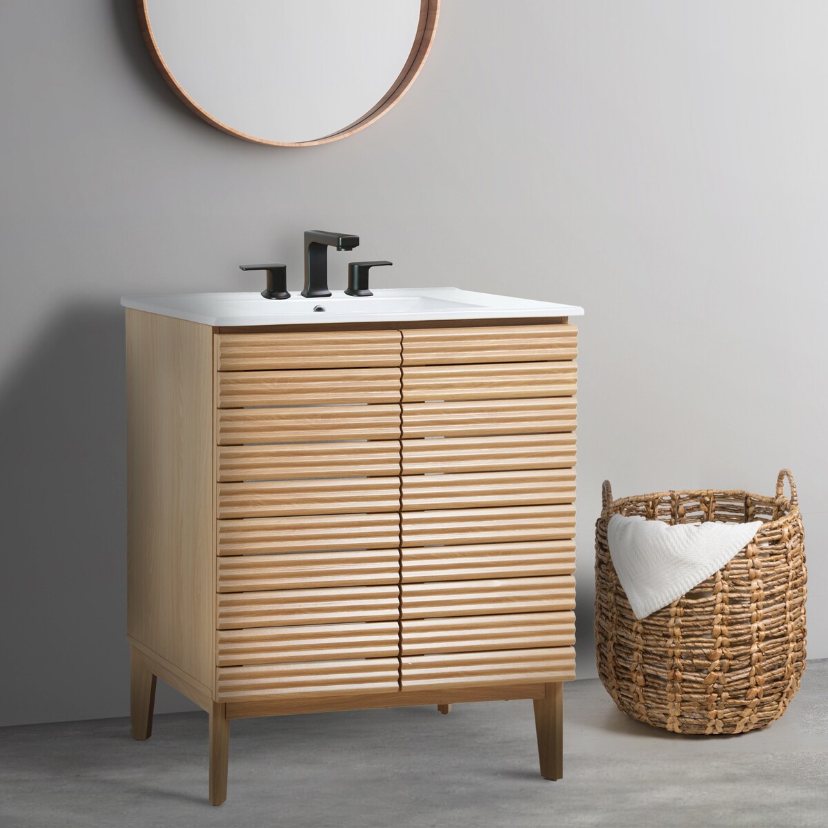 Javer Thin Linear Slat Modern Farmhouse 2-Shelf Bath Vanity Cabinet Only (Sink Basin not Included), by JONATHAN Y