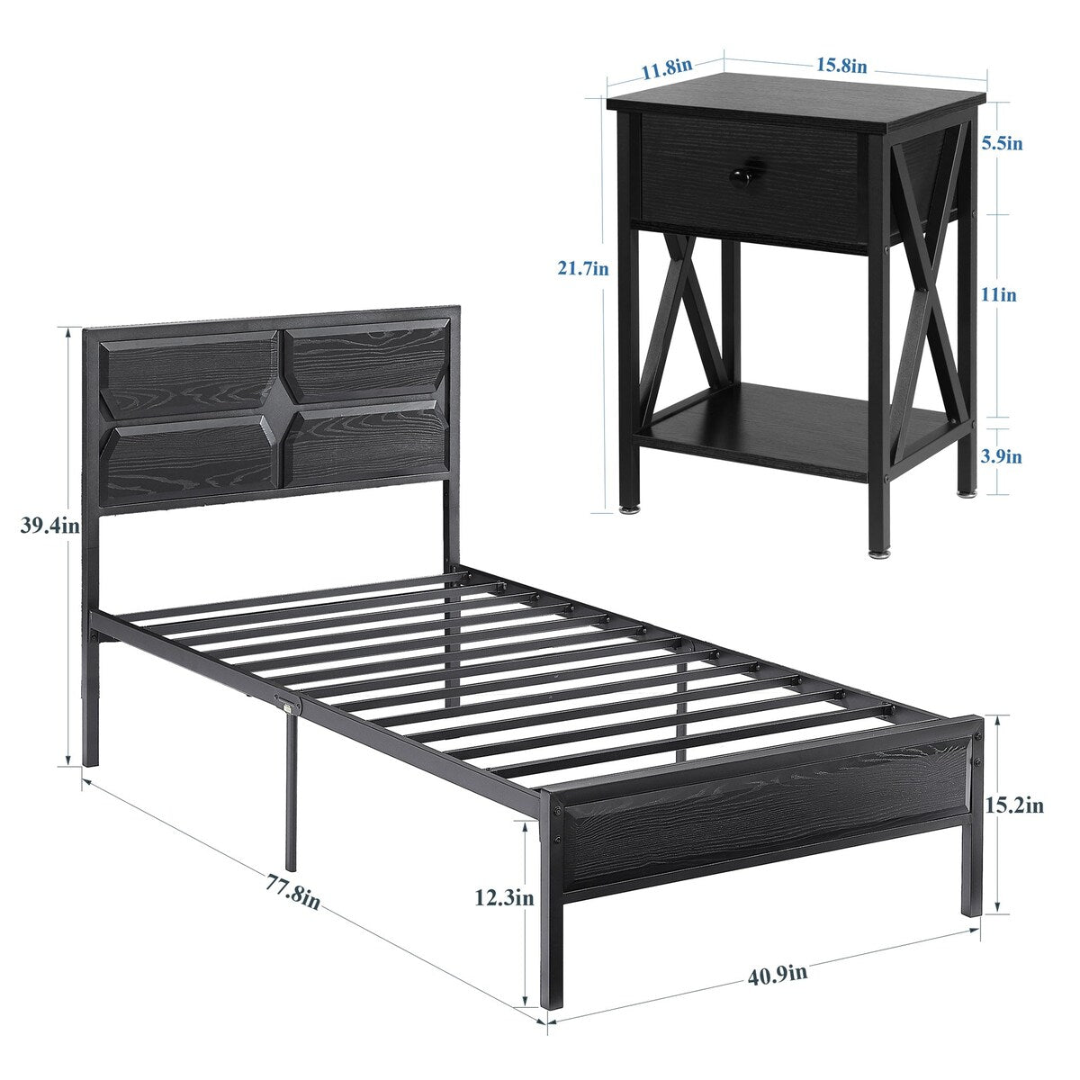 Javlergo 3-Piece Bedroom Sets Wooden Platform Bed Frame with 2 Nightstands, No Box Spring Needed, Black