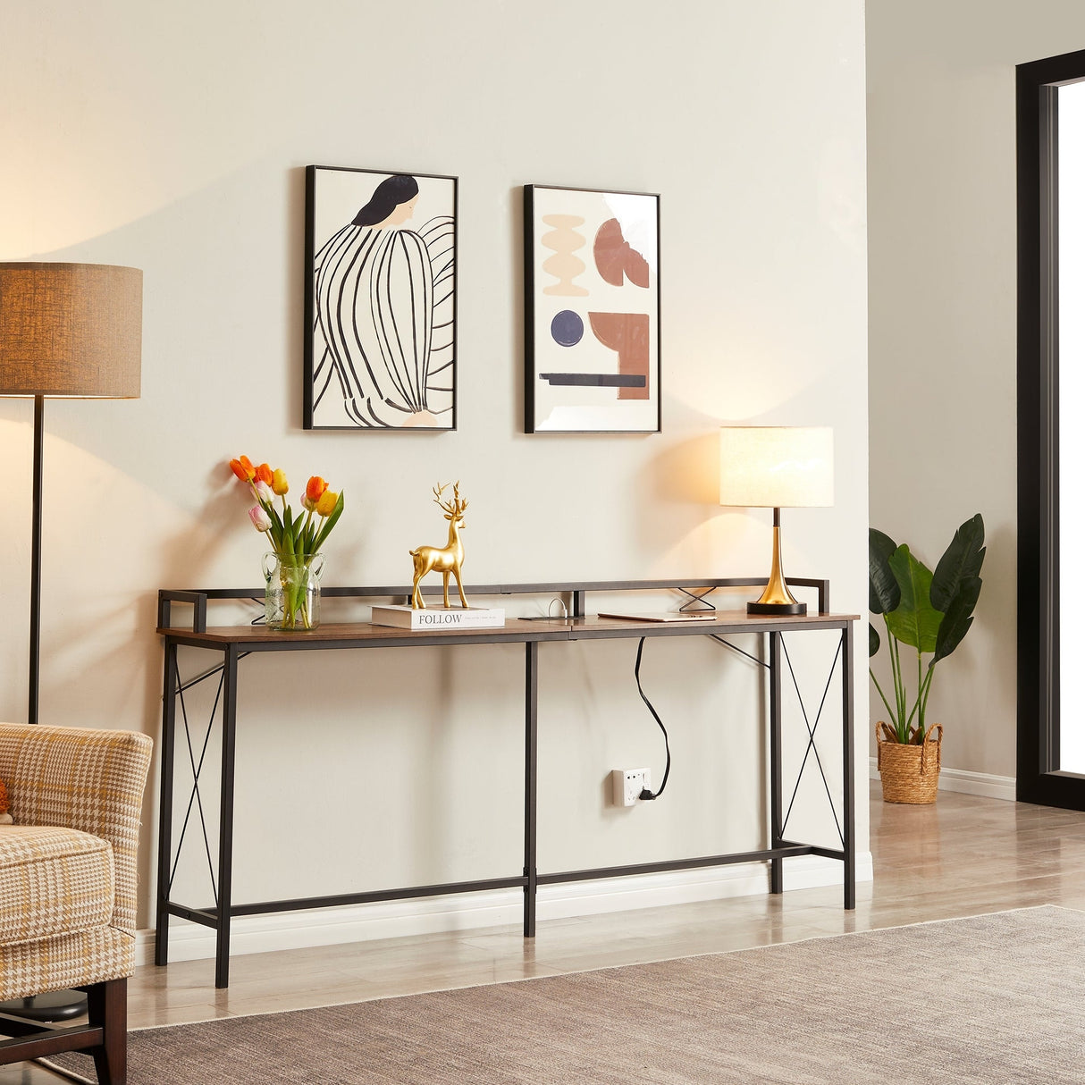 Javlergo Extra Long Console/Sofa Table with Charging Station & Power Outlet