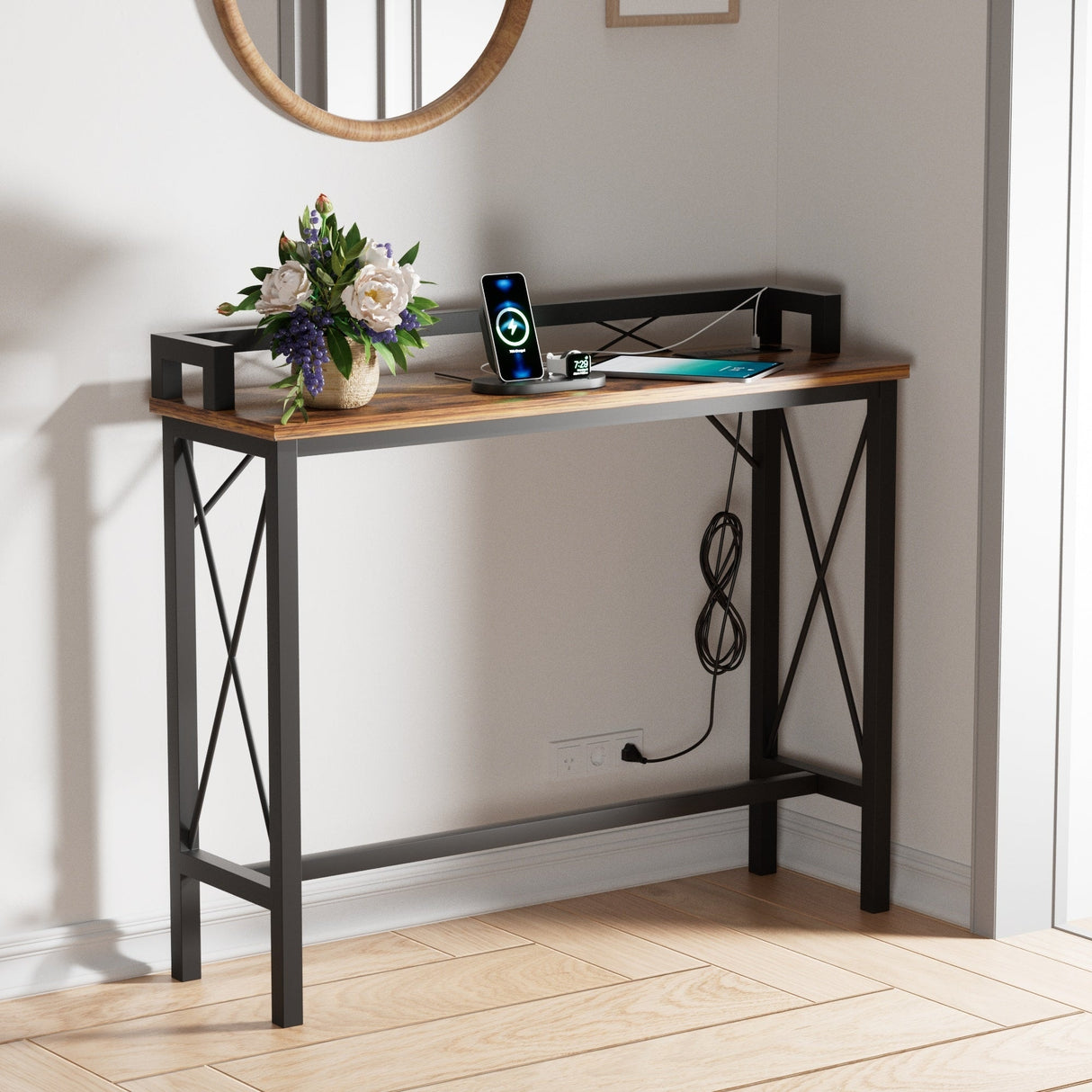 Javlergo Extra Long Console/Sofa Table with Charging Station & Power Outlet