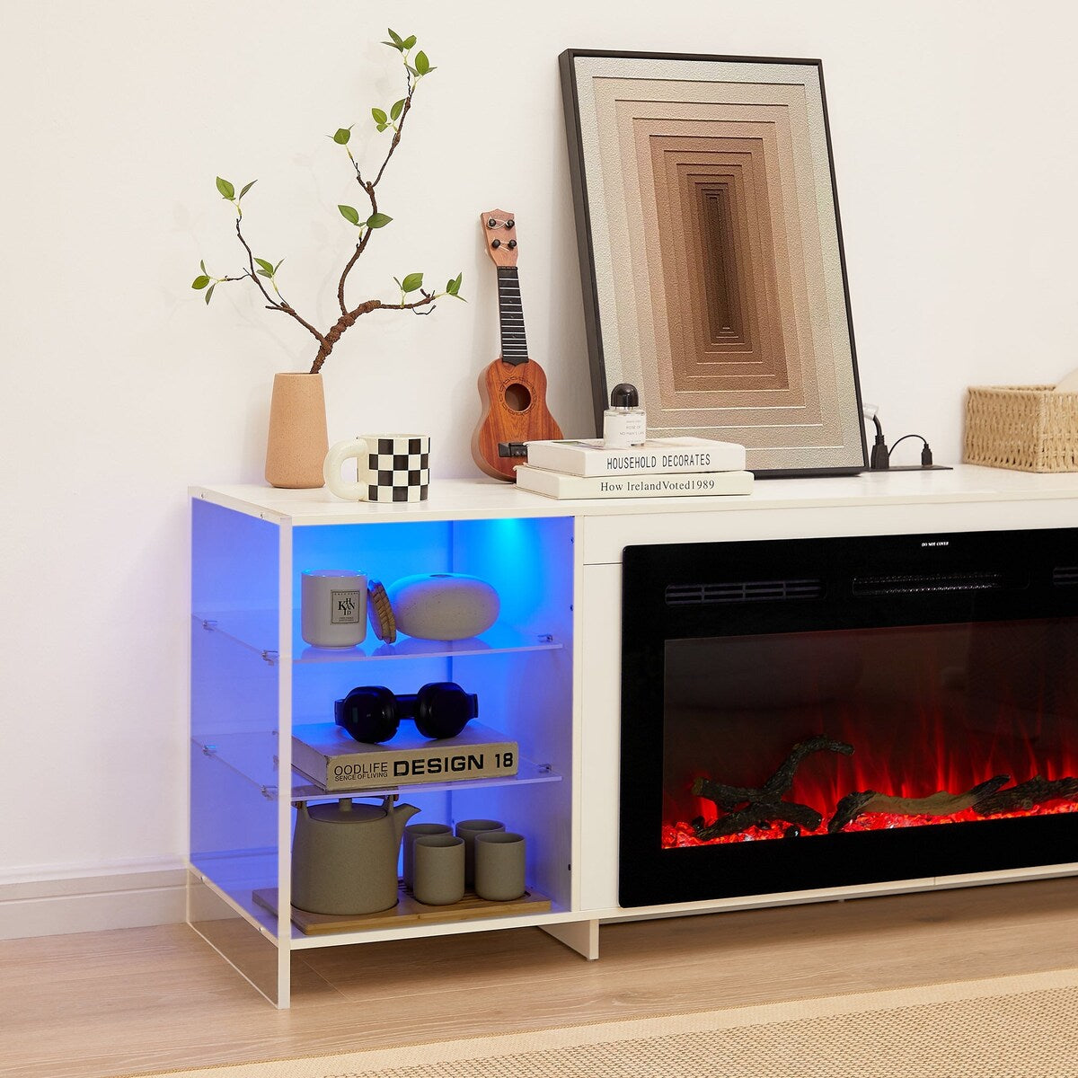 Javlergo Fireplace TV Stand with Power Outlet, Entertainment Center for 75 Inch TV Cabinet with Open Shelves