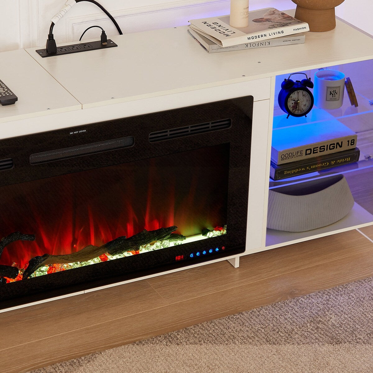 Javlergo Fireplace TV Stand with Power Outlet, Entertainment Center for 75 Inch TV Cabinet with Open Shelves