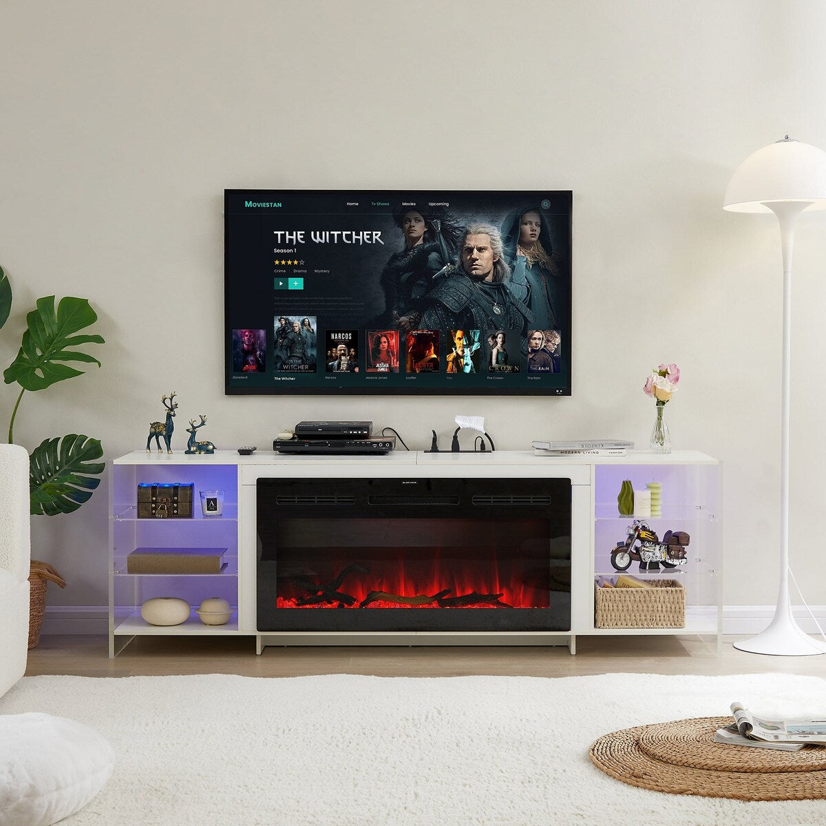 Javlergo Fireplace TV Stand with Power Outlet, Entertainment Center for 75 Inch TV Cabinet with Open Shelves
