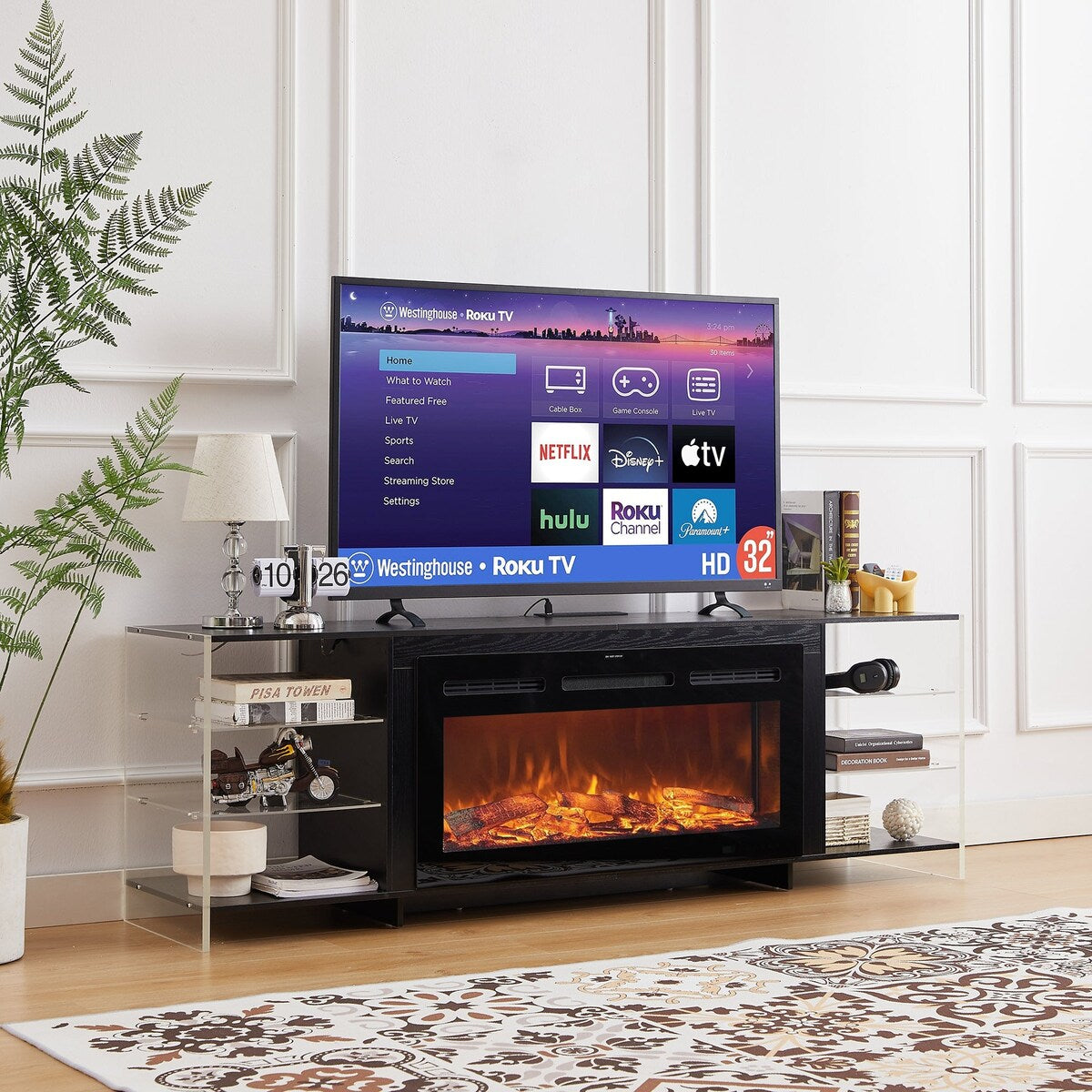 Javlergo Fireplace TV Stand with Power Outlet, Entertainment Center for 75 Inch TV Cabinet with Open Shelves