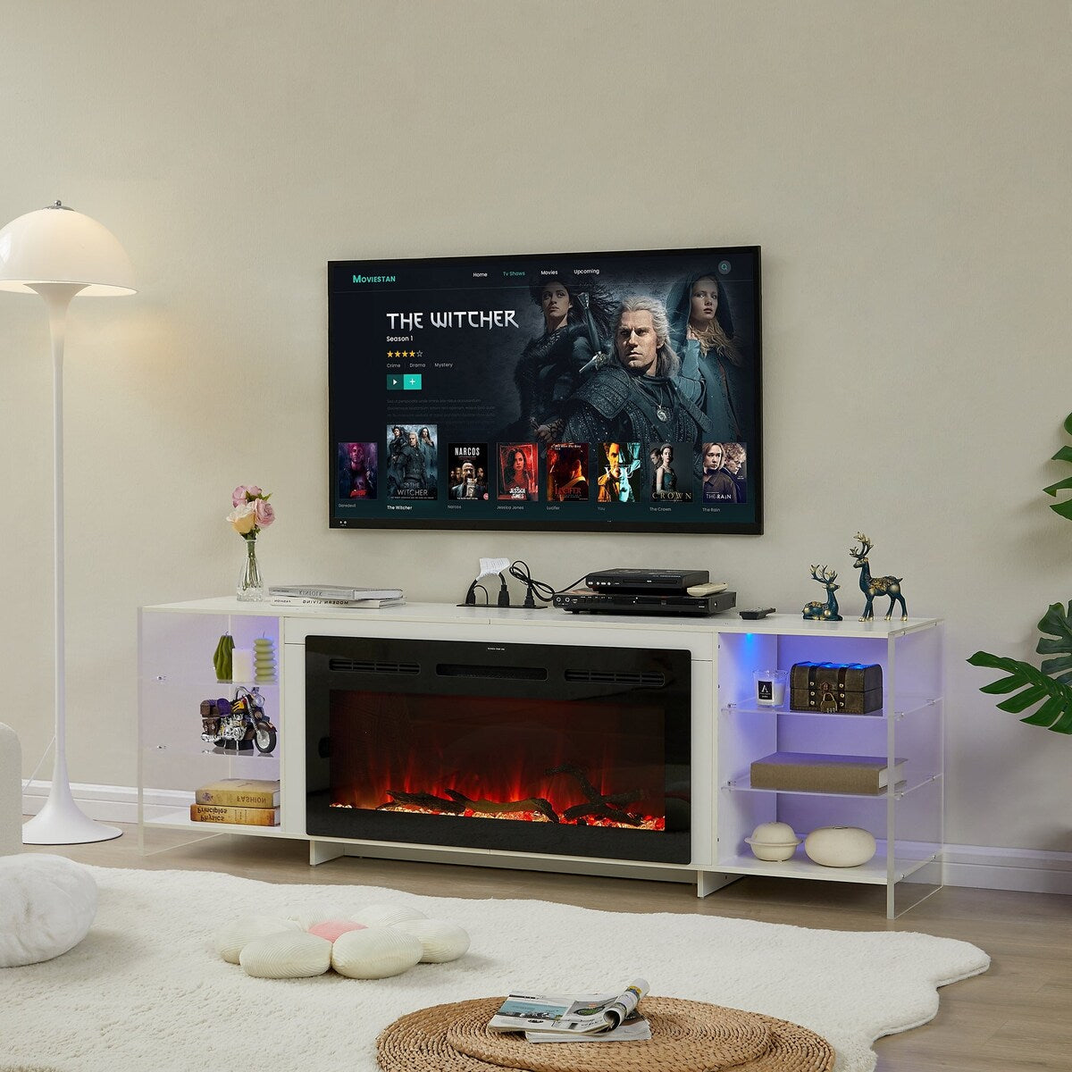 Javlergo Fireplace TV Stand with Power Outlet, Entertainment Center for 75 Inch TV Cabinet with Open Shelves