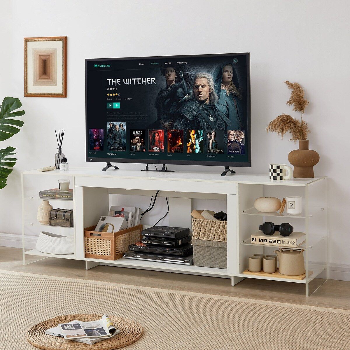 Javlergo Fireplace TV Stand with Power Outlet, Entertainment Center for 75 Inch TV Cabinet with Open Shelves