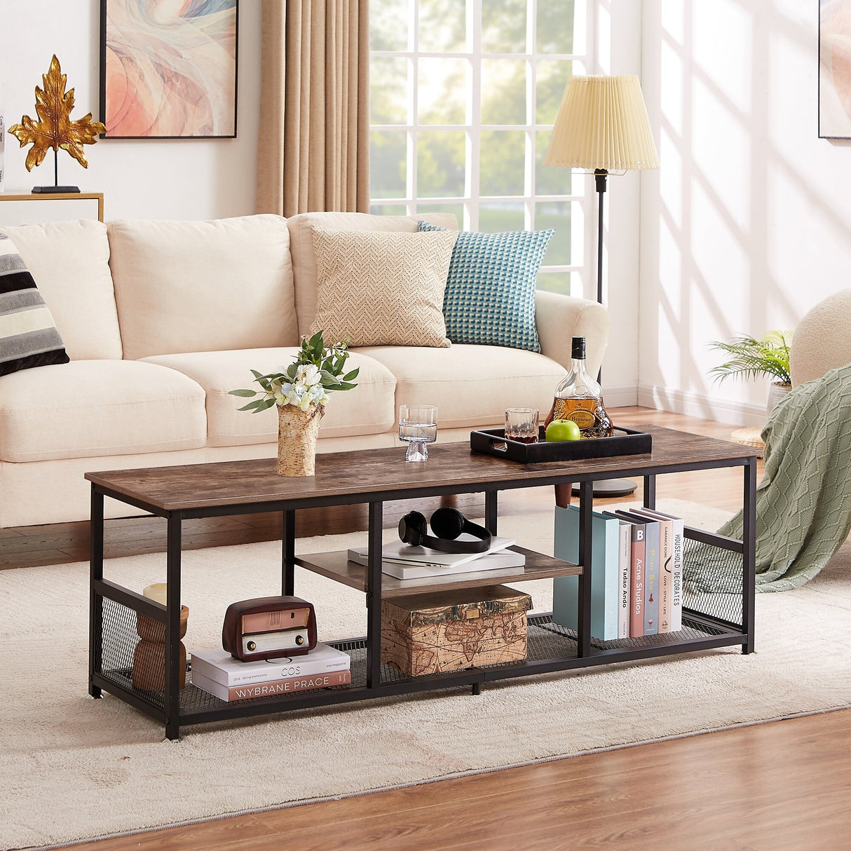 Javlergo TV Stand Industrial Entertainment Center Media Console Table with Storage and Mesh Shelf for Living Room/Bedroom, Brown