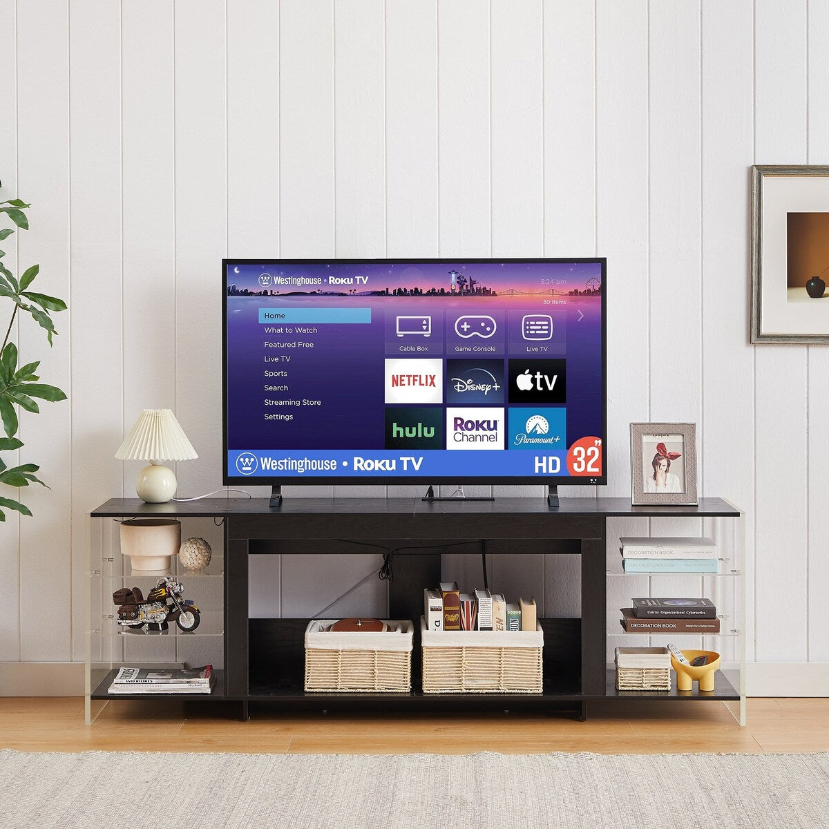 Javlergo TV Stand for TVs up to 75 Inch, Modern Entertainment Center with Open Shelves and Power Outlet