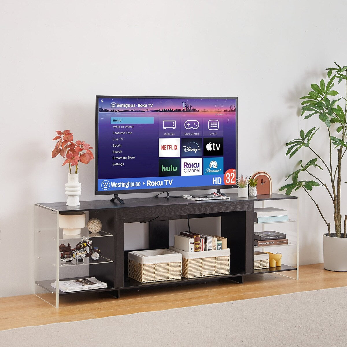 Javlergo TV Stand for TVs up to 75 Inch, Modern Entertainment Center with Open Shelves and Power Outlet
