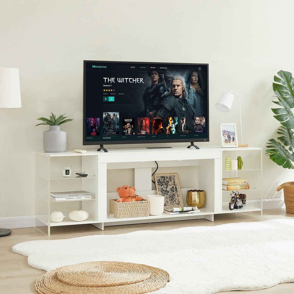 Javlergo TV Stand for TVs up to 75 Inch, Modern Entertainment Center with Open Shelves and Power Outlet