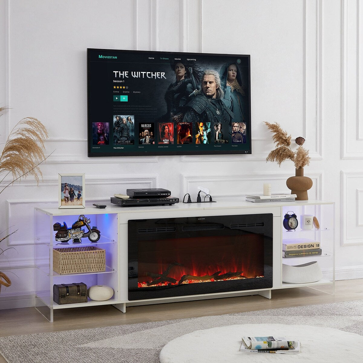 Javlergo TV Stand for TVs up to 75 Inch, Modern Entertainment Center with Open Shelves and Power Outlet