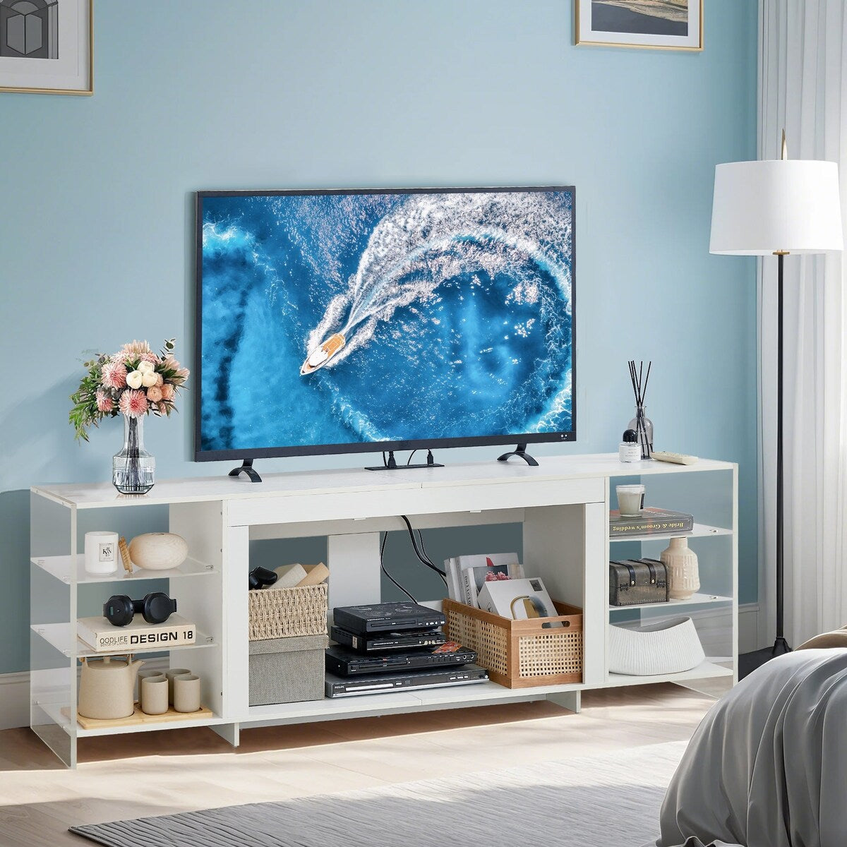 Javlergo TV Stand for TVs up to 75 Inch, Modern Entertainment Center with Open Shelves and Power Outlet
